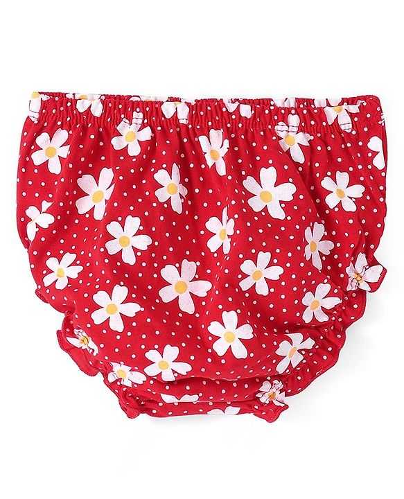 Babyhug Single Jersey Knitted Half Sleeves Frill Detailing Floral Printed Frock with Bloomer - Red & White