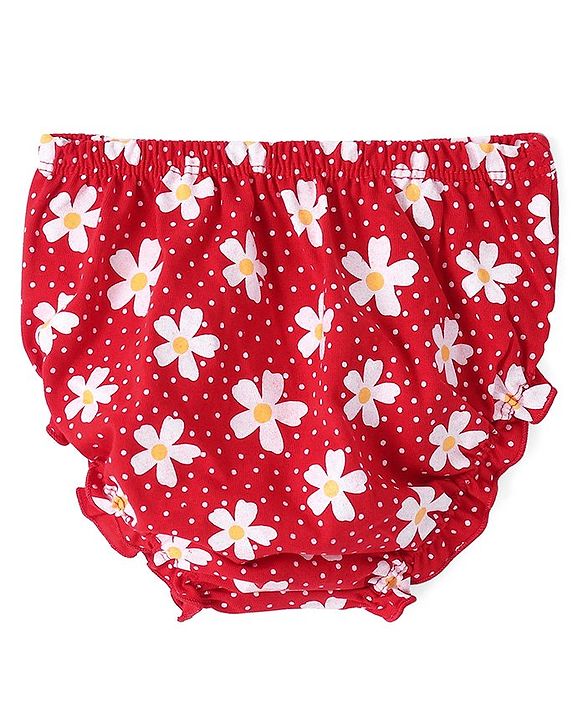 Babyhug Single Jersey Knitted Half Sleeves Frill Detailing Floral Printed Frock with Bloomer - Red & White