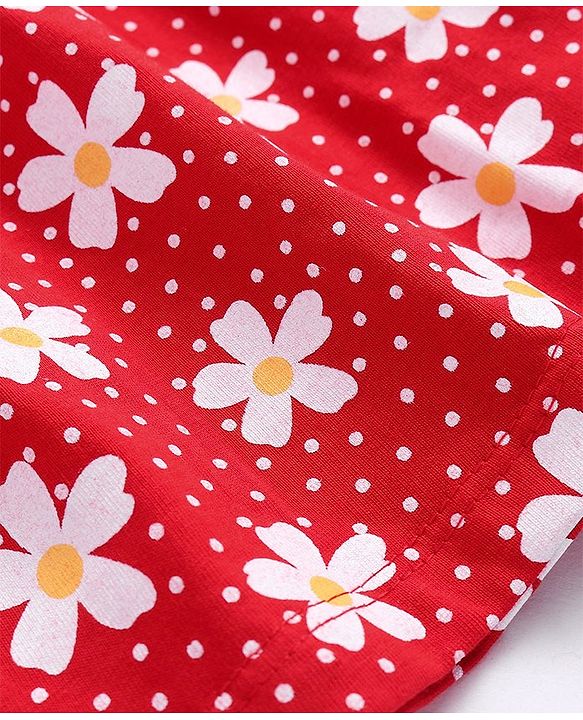 Babyhug Single Jersey Knitted Half Sleeves Frill Detailing Floral Printed Frock with Bloomer - Red & White