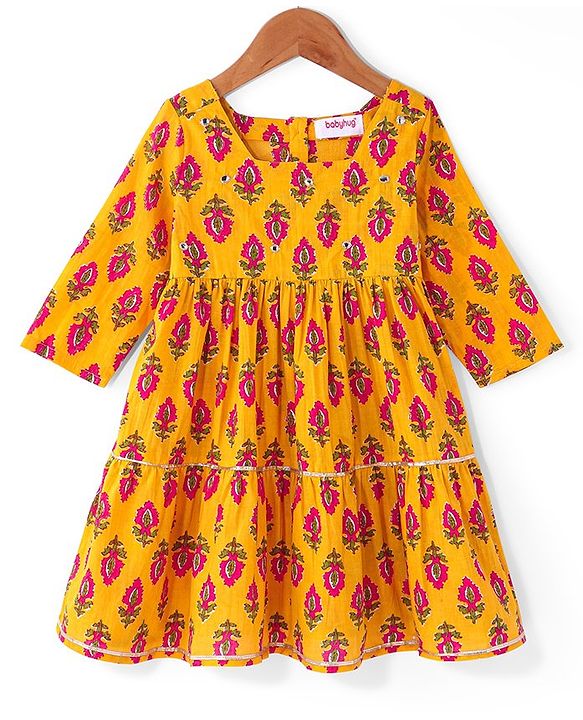 Babyhug Cotton Woven Three Fourth Sleeves Floral Printed Ethnic Dress - Mustard