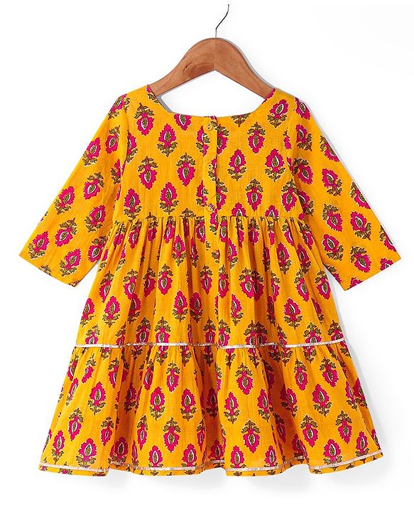 Babyhug Cotton Woven Three Fourth Sleeves Floral Printed Ethnic Dress - Mustard