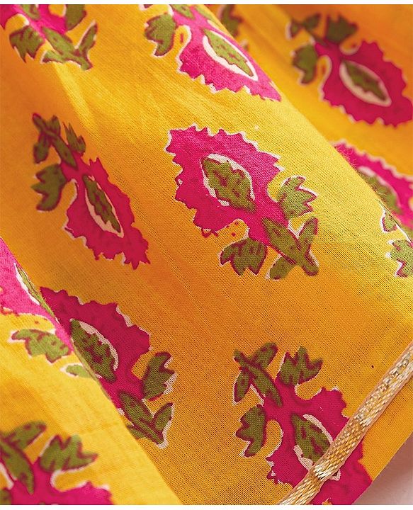 Babyhug Cotton Woven Three Fourth Sleeves Floral Printed Ethnic Dress - Mustard