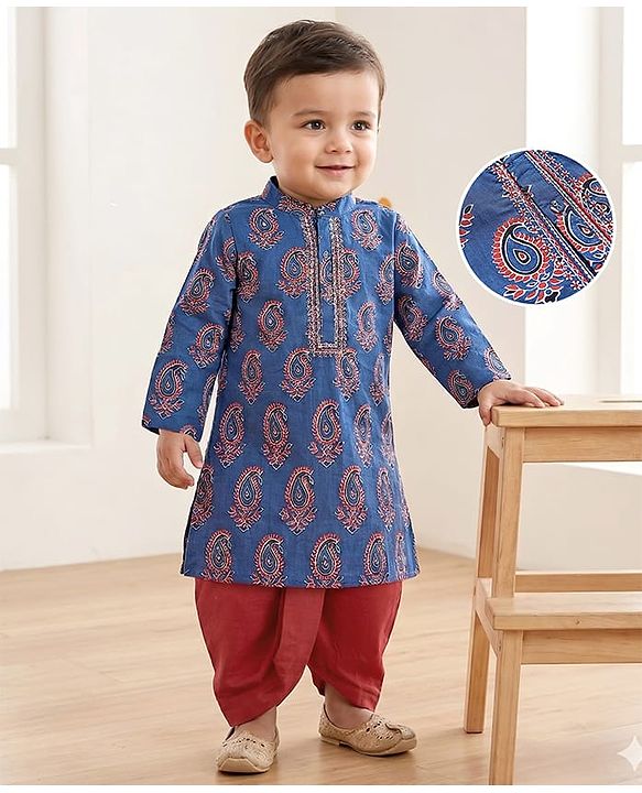 Babyhug  Cotton Woven Full Sleeves Printed  Kurta & Dhoti Set - Navy Blue