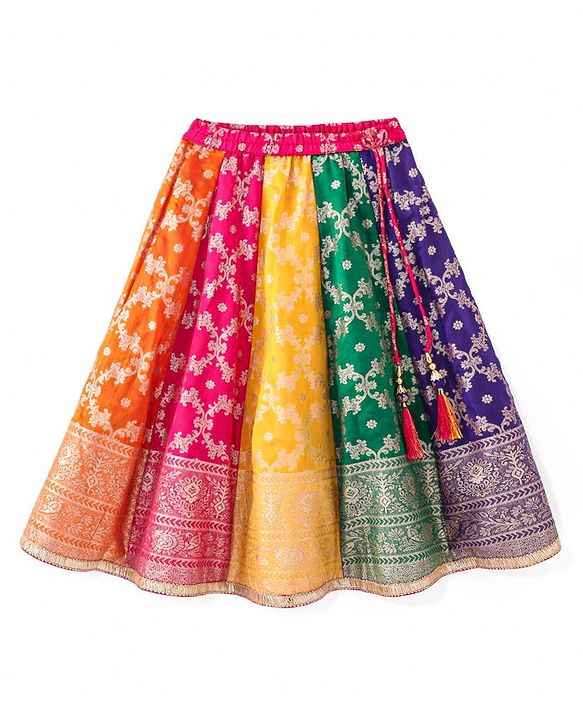 Babyhug Woven Short Puff Sleeves Sequinned & Floral Embroidered Choli With Brocade Lehenga and Net Dupatta - Multicolour