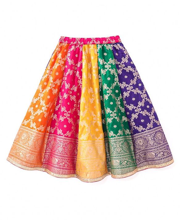 Babyhug Woven Short Puff Sleeves Sequinned & Floral Embroidered Choli With Brocade Lehenga and Net Dupatta - Multicolour