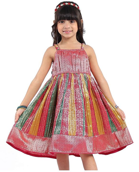 Babyhug Woven Sleeveless Ethnic Dress With Brocade Design - Fuschia