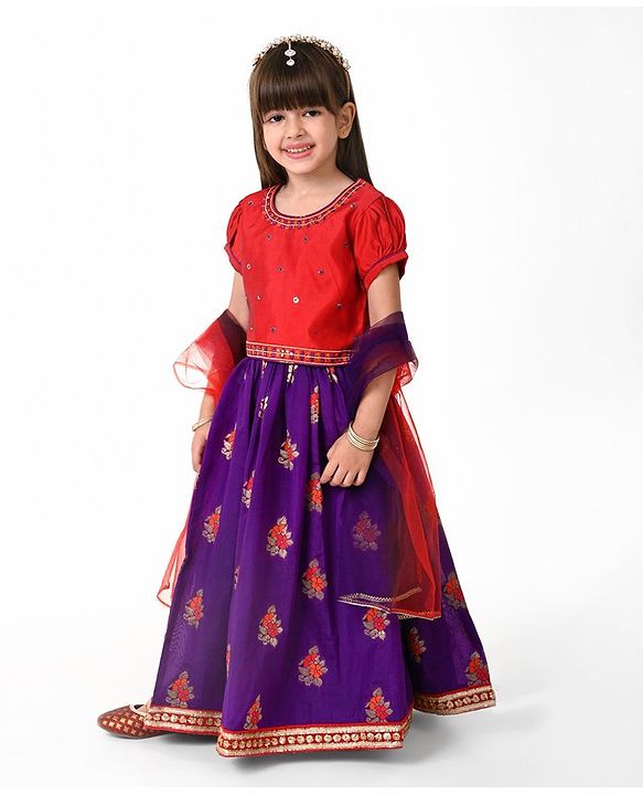 Babyhug Woven Puffed Sleeves Foil Printed Embroidered Choli Lehenga & Dupatta Set - Purple
