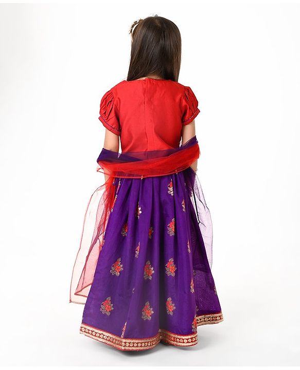 Babyhug Woven Puffed Sleeves Foil Printed Embroidered Choli Lehenga & Dupatta Set - Purple