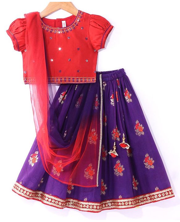 Babyhug Woven Puffed Sleeves Foil Printed Embroidered Choli Lehenga & Dupatta Set - Purple