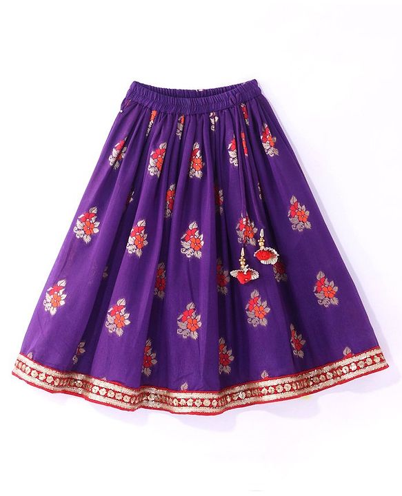 Babyhug Woven Puffed Sleeves Foil Printed Embroidered Choli Lehenga & Dupatta Set - Purple