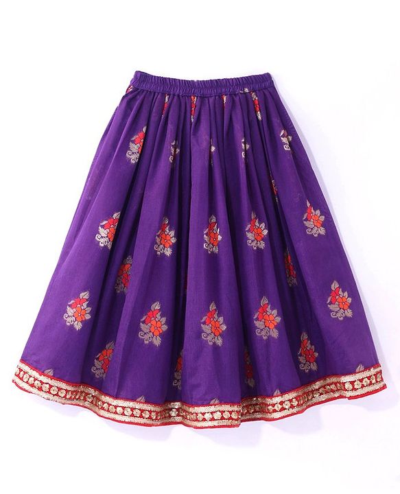 Babyhug Woven Puffed Sleeves Foil Printed Embroidered Choli Lehenga & Dupatta Set - Purple
