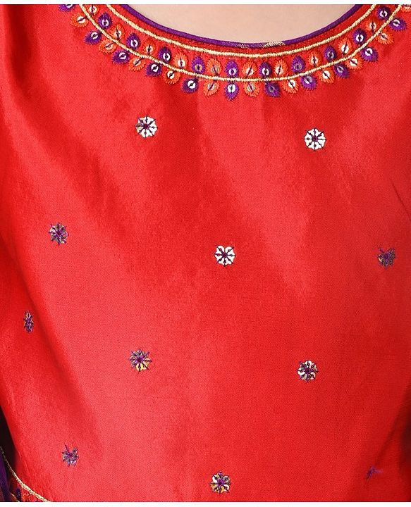 Babyhug Woven Puffed Sleeves Foil Printed Embroidered Choli Lehenga & Dupatta Set - Purple