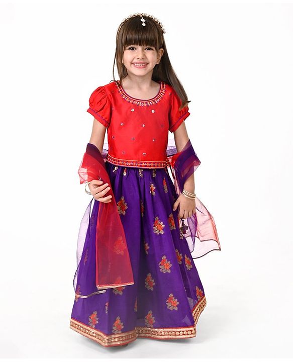 Babyhug Woven Puffed Sleeves Foil Printed Embroidered Choli Lehenga & Dupatta Set - Purple