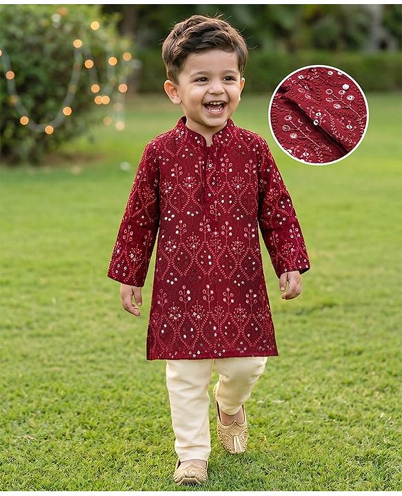 Babyhug Woven Full Sleeves Floral Sequin Embroidered Kurta Pyjama Set - Maroon