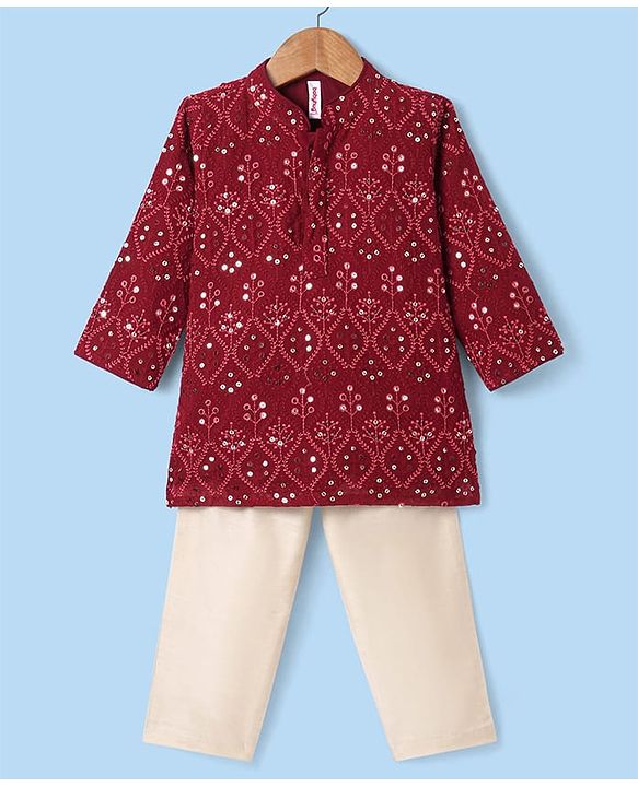 Babyhug Woven Full Sleeves Floral Sequin Embroidered Kurta Pyjama Set - Maroon