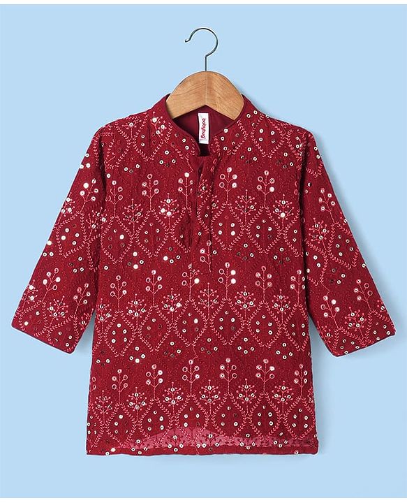 Babyhug Woven Full Sleeves Floral Sequin Embroidered Kurta Pyjama Set - Maroon