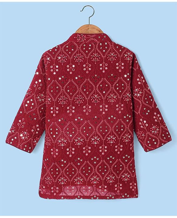 Babyhug Woven Full Sleeves Floral Sequin Embroidered Kurta Pyjama Set - Maroon