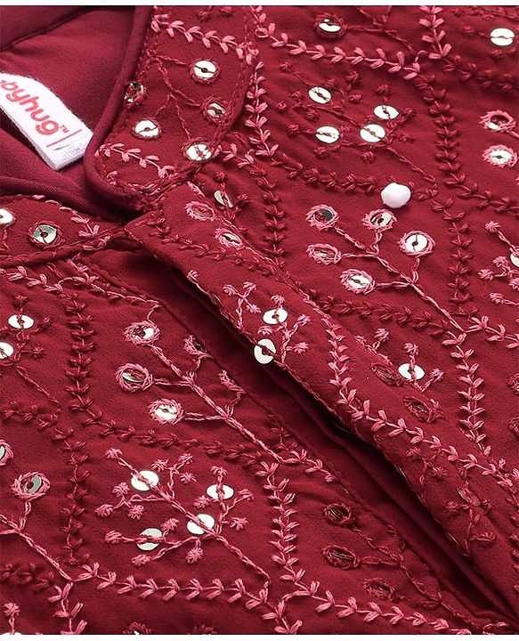 Babyhug Woven Full Sleeves Floral Sequin Embroidered Kurta Pyjama Set - Maroon