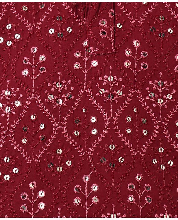 Babyhug Woven Full Sleeves Floral Sequin Embroidered Kurta Pyjama Set - Maroon