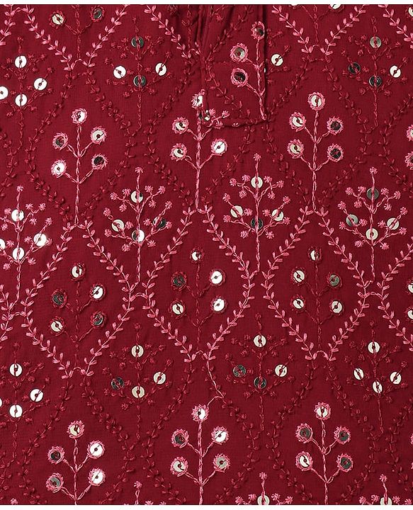 Babyhug Woven Full Sleeves Floral Sequin Embroidered Kurta Pyjama Set - Maroon