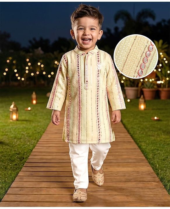 Babyhug Woven Full Sleeves Sequin Embroidered Kurta Pyjama Set - Lime