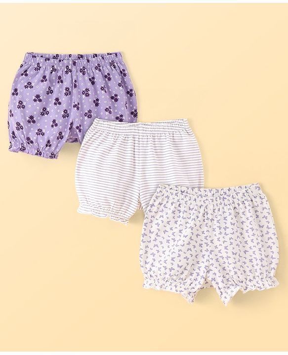 Pine Kids Cotton Lycra Knit Stripes & Floral Printed Bloomers Pack of 3 (Colour May Vary)