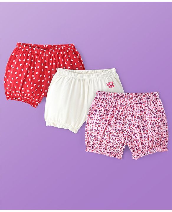 Pine Kids Cotton Lycra Knit Bloomer with Heart & Floral Print Pack of 3 - ( Color May Vary )