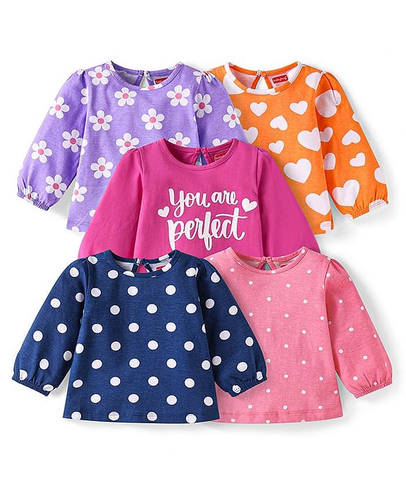 Babyhug Cotton Knit Full Sleeves T-Shirts with Floral Hearts & Text Print Pack of 5 - Multicolor