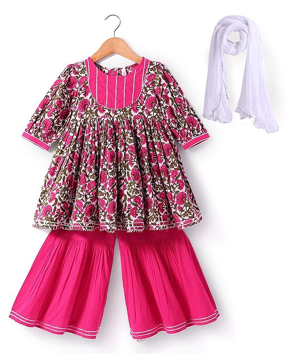 Babyhug Cotton Woven Three Fourth Floral Print Kurti Gharara Set With Dupatta - Dark Pink