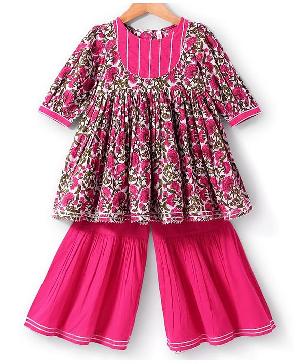 Babyhug Cotton Woven Three Fourth Floral Print Kurti Gharara Set With Dupatta - Dark Pink