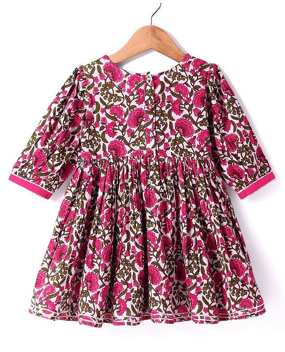 Babyhug Cotton Woven Three Fourth Floral Print Kurti Gharara Set With Dupatta - Dark Pink