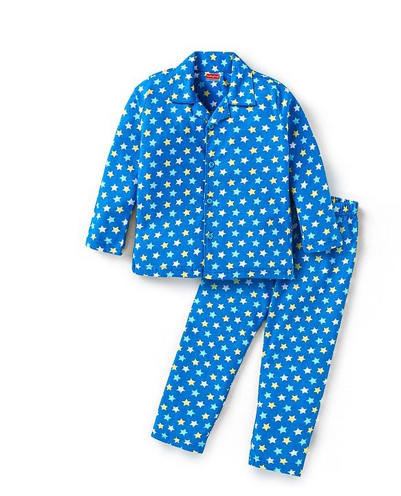 Babyhug Cotton Knit Full Sleeves Front Open Collared Night Suit Star Print - Blue
