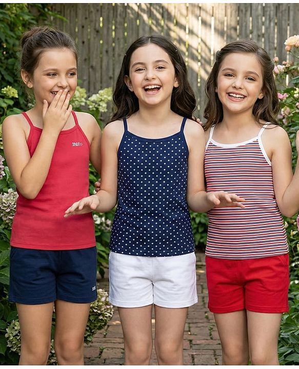 Pine Kids Cotton Lycra Sleeveless Solid Slips With Stripes & Polka Dot Print Pack of 3 (Color May Vary)
