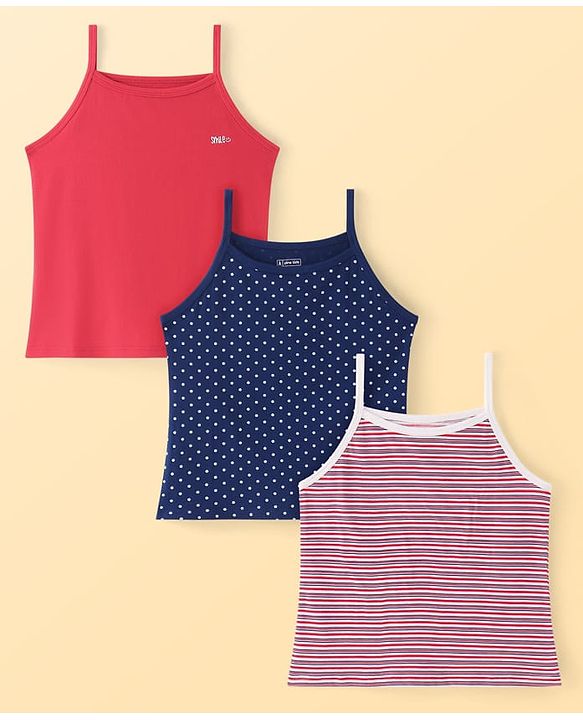 Pine Kids Cotton Lycra Sleeveless Solid Slips With Stripes & Polka Dot Print Pack of 3 (Color May Vary)