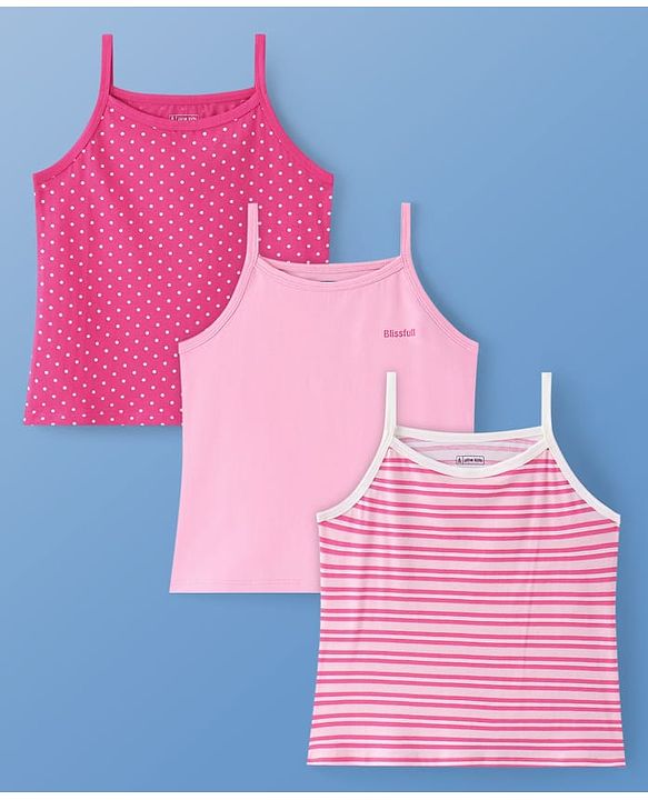 Pine Kids Cotton Lycra Sleeveless Solid Slips With Stripes & Polka Dot Print Pack of 3 (Color May Vary)