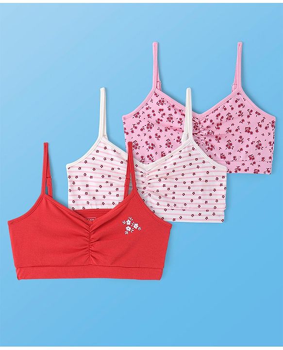 Pine Kids Cotton Sleeveless Bralettes With Floral Print Pack of 3 (Colour May Vary)