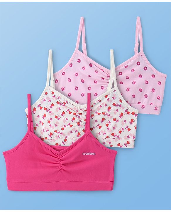 Pine Kids Cotton Knit Sleeveless Bralettes With Floral Print Pack of 3 (Colour May Vary)
