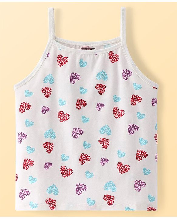 Pine Kids Cotton Knit Singlet Sleeves Slip With Heart Print Pack of 3 (Colour May Vary)