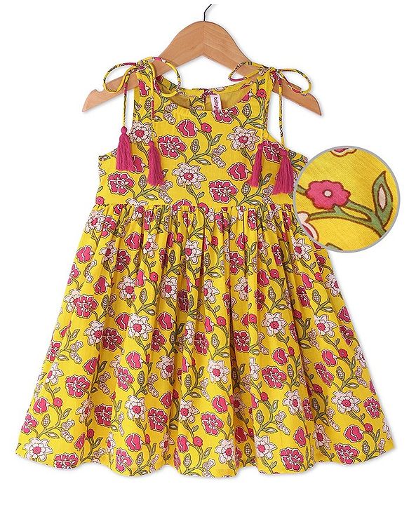 Babyhug Cotton Woven Sleeveless Floral Printed Ethnic Dress - Yellow