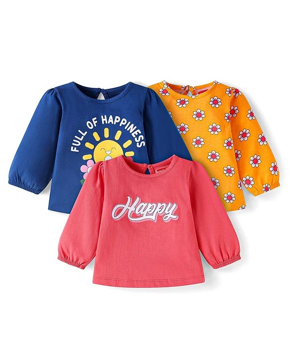 Babyhug Cotton Knit Full Sleeves T-Shirts with Floral & Text Print Pack of 3 - Red Navy Blue & Orange