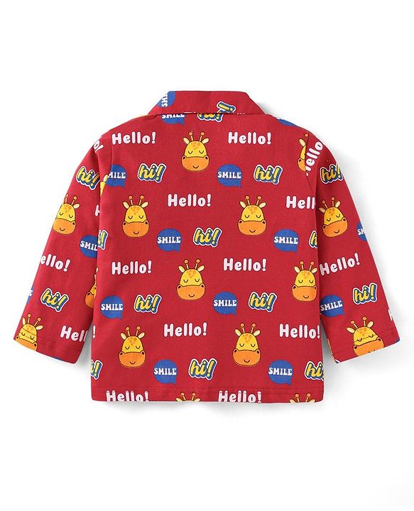 Babyhug Cotton Knit Full Sleeves Giraffe & Text Printed Night Suit - Dark Red