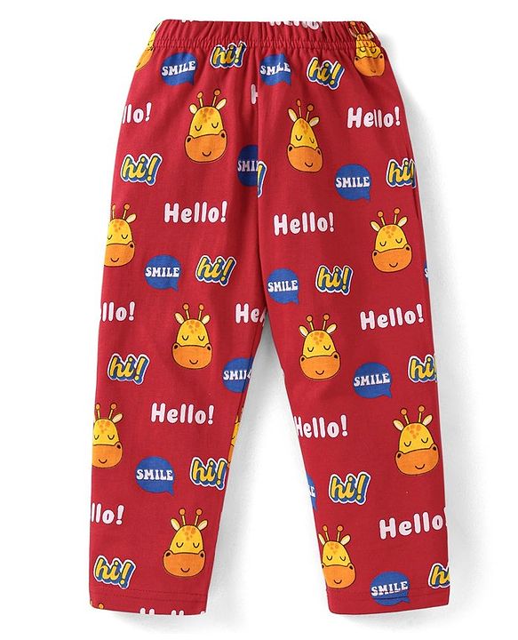 Babyhug Cotton Knit Full Sleeves Giraffe & Text Printed Night Suit - Dark Red