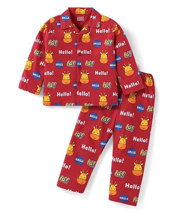 Babyhug Cotton Knit Full Sleeves Giraffe & Text Printed Night Suit - Dark Red