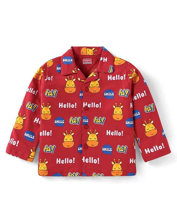 Babyhug Cotton Knit Full Sleeves Giraffe & Text Printed Night Suit - Dark Red