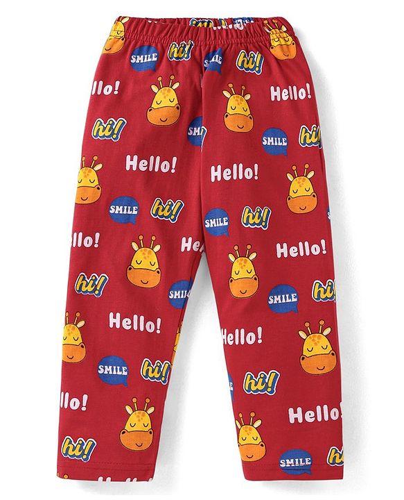 Babyhug Cotton Knit Full Sleeves Giraffe & Text Printed Night Suit - Dark Red