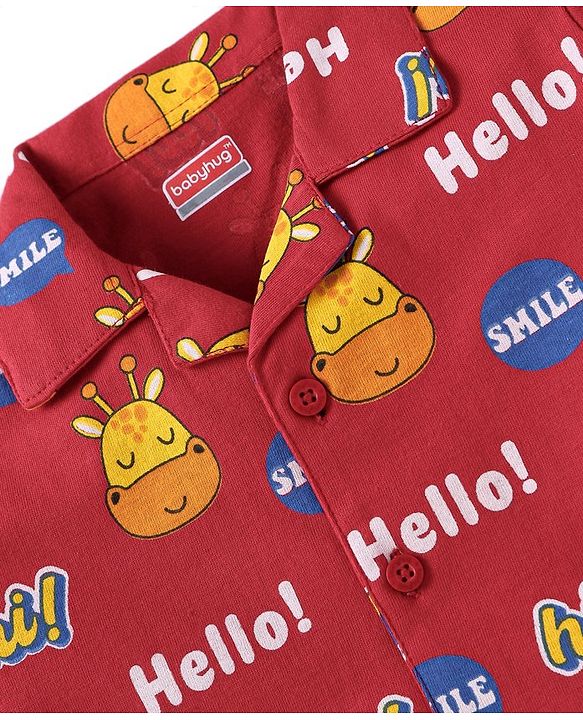 Babyhug Cotton Knit Full Sleeves Giraffe & Text Printed Night Suit - Dark Red