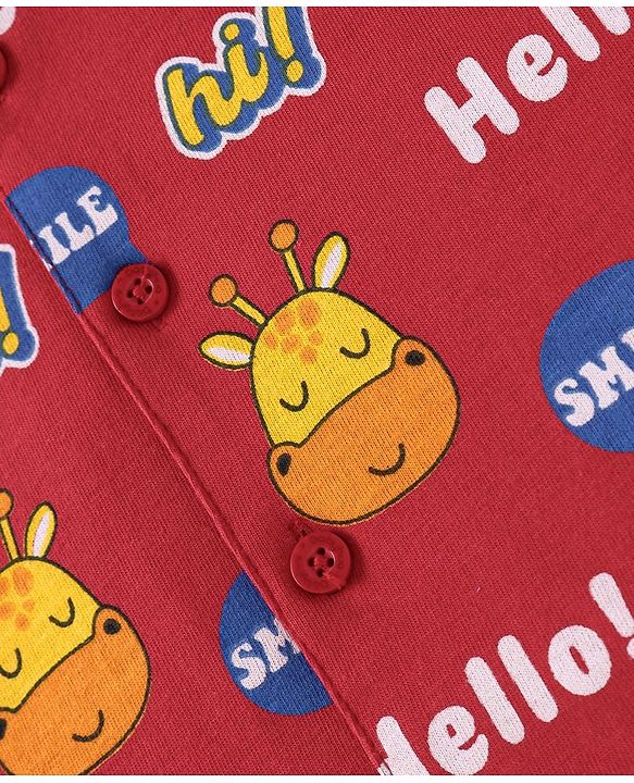 Babyhug Cotton Knit Full Sleeves Giraffe & Text Printed Night Suit - Dark Red