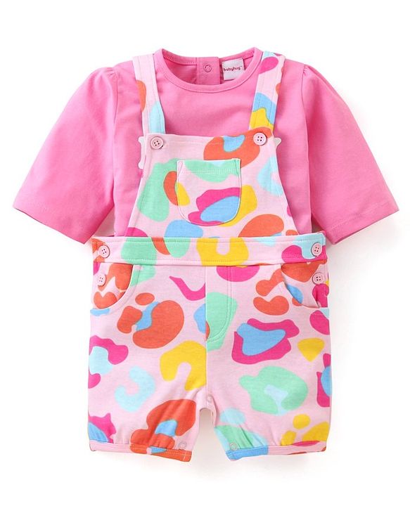 Babyhug Single Jersey Knit Dungaree  Half Sleeves T-Shirt with Text & Abstract Print - Multicolour