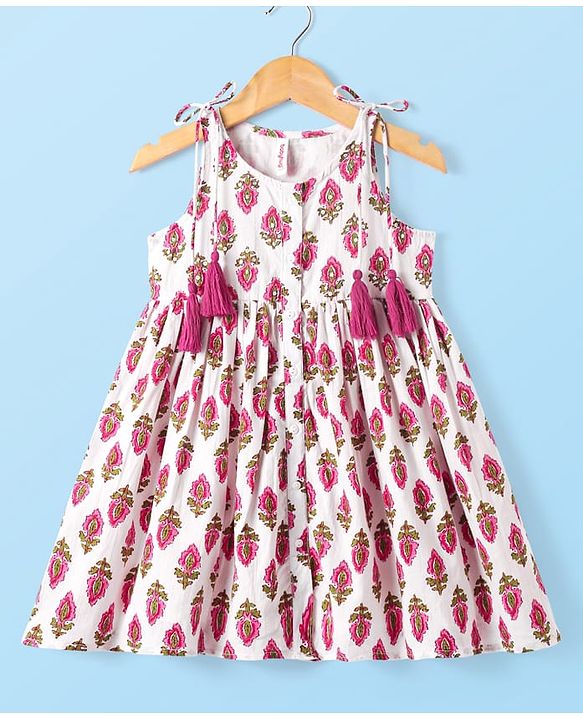 Babyhug Cotton Woven Sleeveless Ethnic Dress with Floral Print - White
