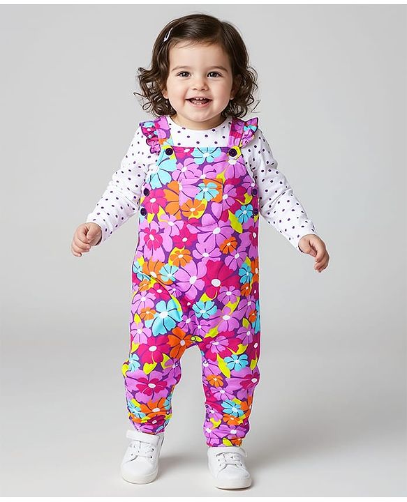 Babyhug Cotton Knit Full Sleeves Polka Doted Top with Floral Printed Dungaree - White & Purple